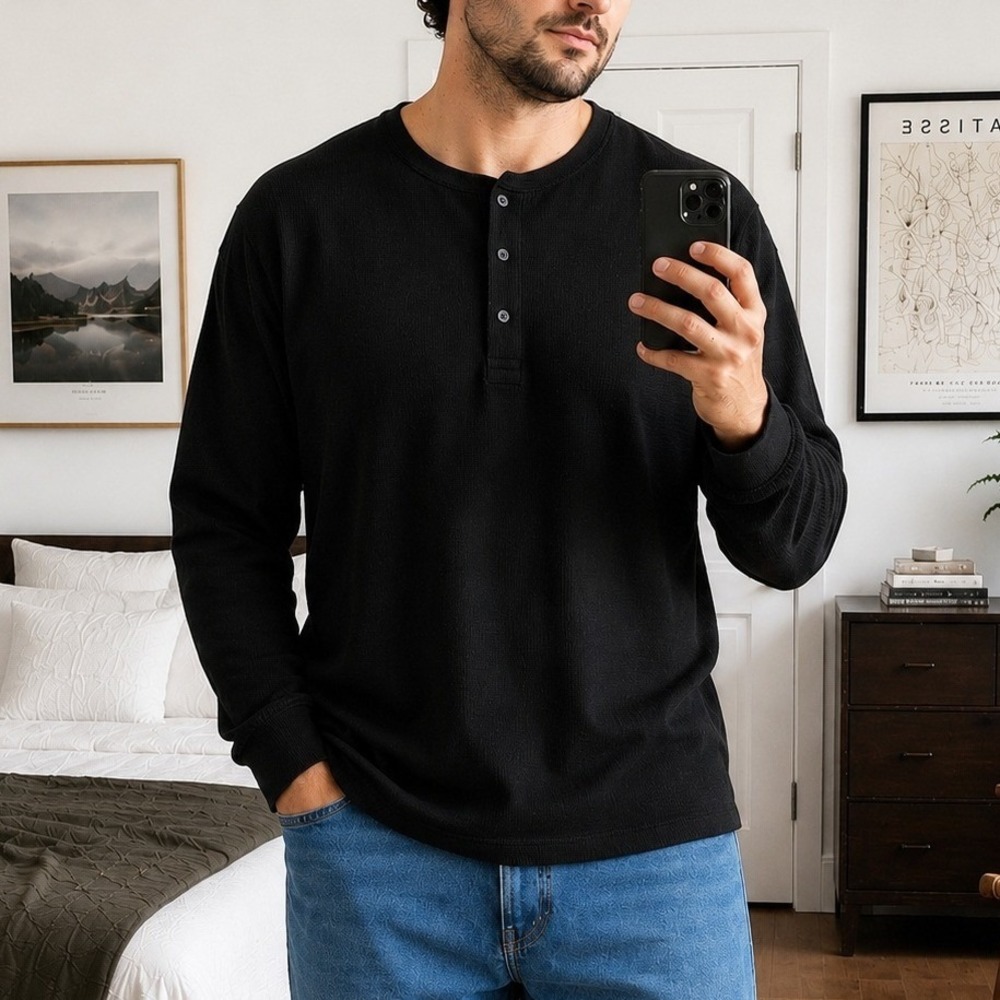 Mens Waffle Knit Thermal Henley Shirt XXL Black Long Sleeve Layer Casual Outdoor